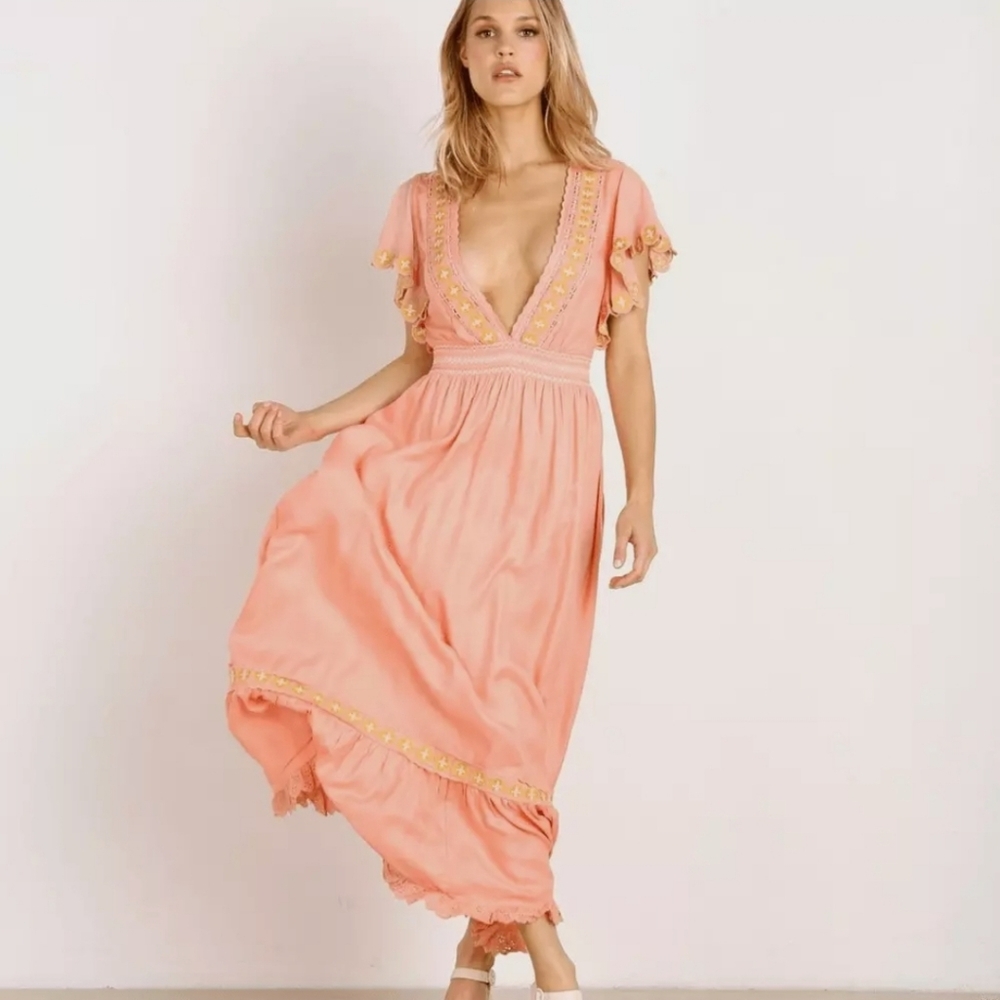 Cleobella Women' Camelia V-Neck Boho Maxi Dress in Guava Pink XSmall